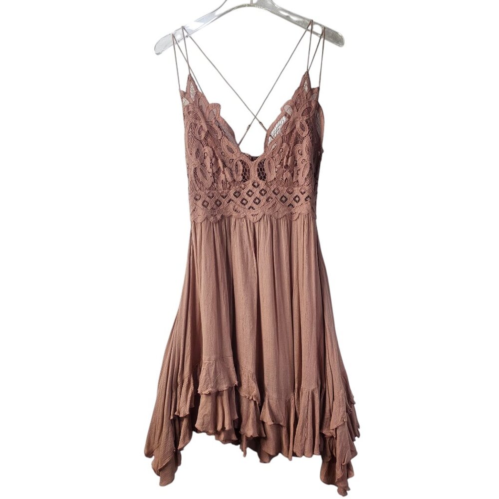 Free People Women Mini Dress Tan Lace Sleeveless Dusty Rose Boho Babydoll Size M